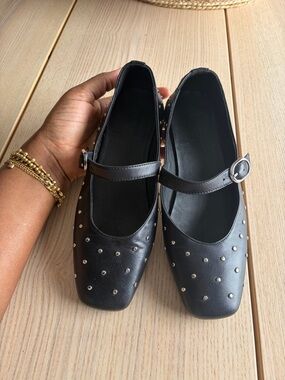Simons Studded Black Mary Jane Flats
